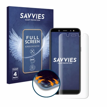 Parte frontal de un envase de producto con el logotipo de la marca Savvies. Al lado se muestra el dispositivo Samsung Galaxy A