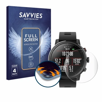 Parte frontal de un envase de producto con el logotipo de la marca Savvies. Al lado se muestra el dispositivo Huami Amazfit St
