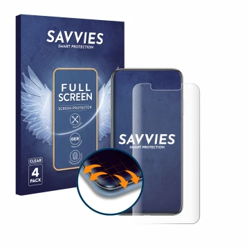 Parte frontal de un envase de producto con el logotipo de la marca Savvies. Al lado se muestra el dispositivo Apple iPhone Xs 