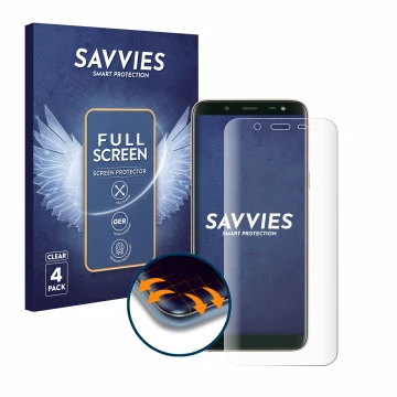 Parte frontal de un envase de producto con el logotipo de la marca Savvies. Al lado se muestra el dispositivo Samsung Galaxy J
