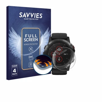 Parte frontal de un envase de producto con el logotipo de la marca Savvies. Al lado se muestra el dispositivo Garmin Fenix 5X 