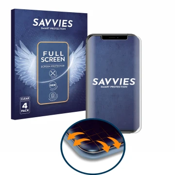 Parte frontal de un envase de producto con el logotipo de la marca Savvies. Al lado se muestra el dispositivo Apple iPhone Xs 