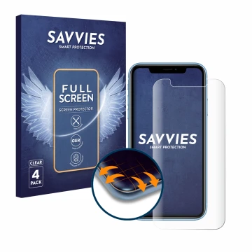 Parte frontal de un envase de producto con el logotipo de la marca Savvies. Al lado se muestra el dispositivo Apple iPhone XR 