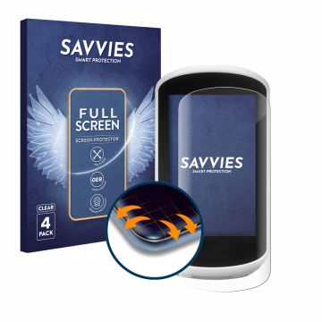 Parte frontal de un envase de producto con el logotipo de la marca Savvies. Al lado se muestra el dispositivo Garmin Edge Expl