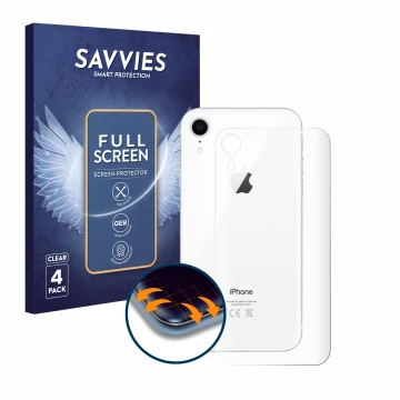 Parte frontal de un envase de producto con el logotipo de la marca Savvies. Al lado se muestra el dispositivo Apple iPhone XR 