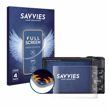 Parte frontal de un envase de producto con el logotipo de la marca Savvies. Al lado se muestra el dispositivo Canon PowerShot 
