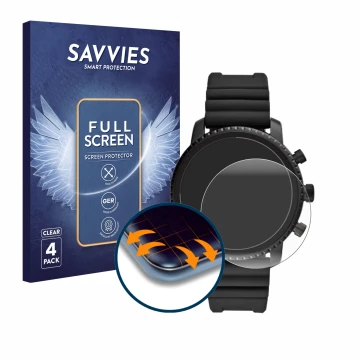 Parte frontal de un envase de producto con el logotipo de la marca Savvies. Al lado se muestra el dispositivo Fossil Q Explori