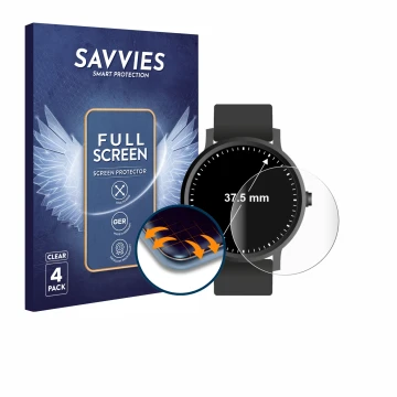 Parte frontal de un envase de producto con el logotipo de la marca Savvies. Al lado se muestra el dispositivo Relojes (Circula