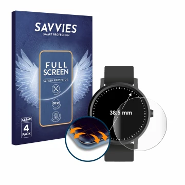 Parte frontal de un envase de producto con el logotipo de la marca Savvies. Al lado se muestra el dispositivo Relojes (Circula