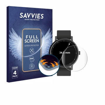 Parte frontal de un envase de producto con el logotipo de la marca Savvies. Al lado se muestra el dispositivo Relojes (Circula