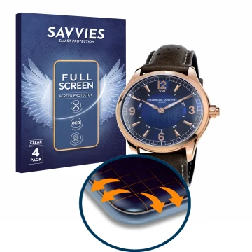 Parte frontal de un envase de producto con el logotipo de la marca Savvies. Al lado se muestra el dispositivo Frédérique Const