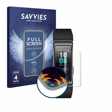 Parte frontal de un envase de producto con el logotipo de la marca Savvies. Al lado se muestra el dispositivo Huawei Band 3 Pr