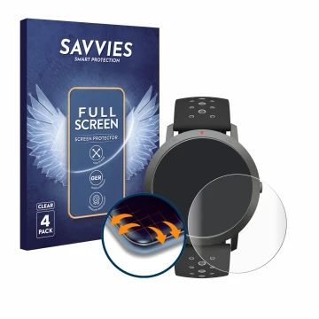 Parte frontal de un envase de producto con el logotipo de la marca Savvies. Al lado se muestra el dispositivo Withings Steel H