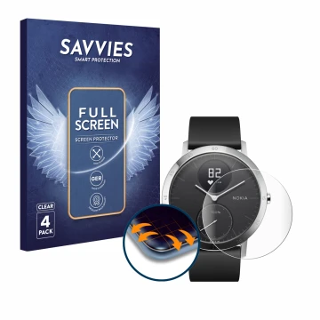 Parte frontal de un envase de producto con el logotipo de la marca Savvies. Al lado se muestra el dispositivo Withings Steel H