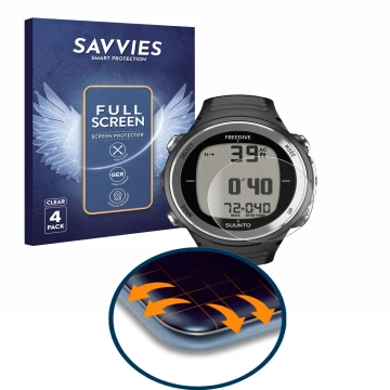Parte frontal de un envase de producto con el logotipo de la marca Savvies. Al lado se muestra el dispositivo Suunto D4F con s