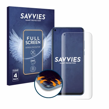 Parte frontal de un envase de producto con el logotipo de la marca Savvies. Al lado se muestra el dispositivo Honor View 20 co