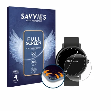 Parte frontal de un envase de producto con el logotipo de la marca Savvies. Al lado se muestra el dispositivo Circular Display