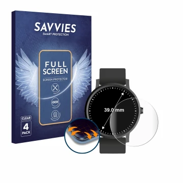 Parte frontal de un envase de producto con el logotipo de la marca Savvies. Al lado se muestra el dispositivo Circular Display