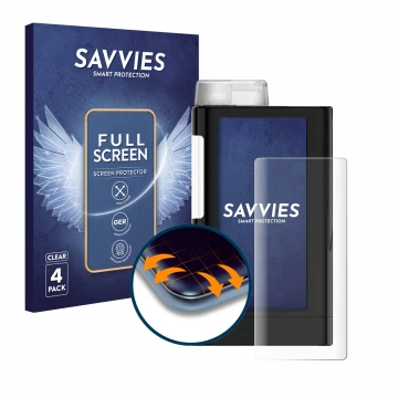 Parte frontal de un envase de producto con el logotipo de la marca Savvies. Al lado se muestra el dispositivo Mylife YpsoPump 