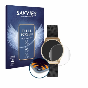Parte frontal de un envase de producto con el logotipo de la marca Savvies. Al lado se muestra el dispositivo Xlyne X-Watch Jo