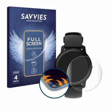 Parte frontal de un envase de producto con el logotipo de la marca Savvies. Al lado se muestra el dispositivo Withings Move EC