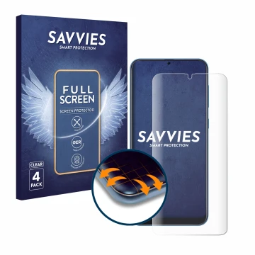 Parte frontal de un envase de producto con el logotipo de la marca Savvies. Al lado se muestra el dispositivo Samsung Galaxy A