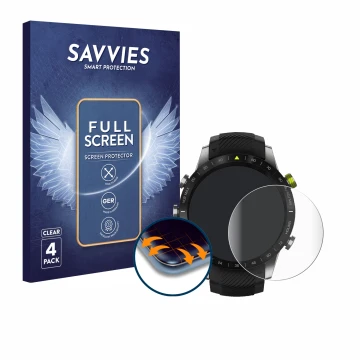 Parte frontal de un envase de producto con el logotipo de la marca Savvies. Al lado se muestra el dispositivo Garmin Marq Athl
