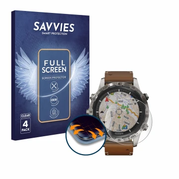 Parte frontal de un envase de producto con el logotipo de la marca Savvies. Al lado se muestra el dispositivo Garmin Marq Adve