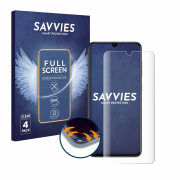Parte frontal de un envase de producto con el logotipo de la marca Savvies. Al lado se muestra el dispositivo Samsung Galaxy A