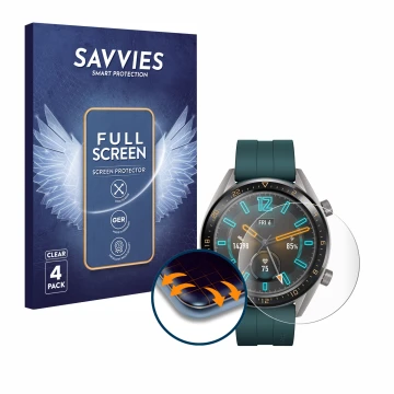 Parte frontal de un envase de producto con el logotipo de la marca Savvies. Al lado se muestra el dispositivo Huawei Watch GT 