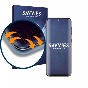 Parte frontal de un envase de producto con el logotipo de la marca Savvies. Al lado se muestra el dispositivo Samsung Galaxy A
