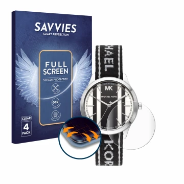 Parte frontal de un envase de producto con el logotipo de la marca Savvies. Al lado se muestra el dispositivo Michael Kors Run