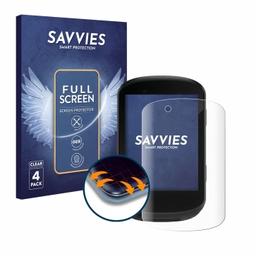 Parte frontal de un envase de producto con el logotipo de la marca Savvies. Al lado se muestra el dispositivo Garmin Edge 530 
