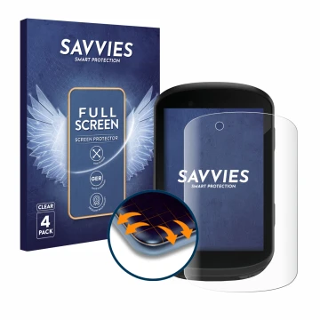 Parte frontal de un envase de producto con el logotipo de la marca Savvies. Al lado se muestra el dispositivo Garmin Edge 830 