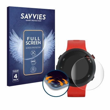 Parte frontal de un envase de producto con el logotipo de la marca Savvies. Al lado se muestra el dispositivo Garmin Forerunne