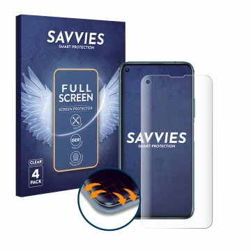 Parte frontal de un envase de producto con el logotipo de la marca Savvies. Al lado se muestra el dispositivo Honor 20 Pro con