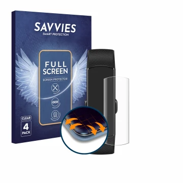 Parte frontal de un envase de producto con el logotipo de la marca Savvies. Al lado se muestra el dispositivo Honor Band 5 con