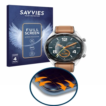 Parte frontal de un envase de producto con el logotipo de la marca Savvies. Al lado se muestra el dispositivo Huawei Watch GT 