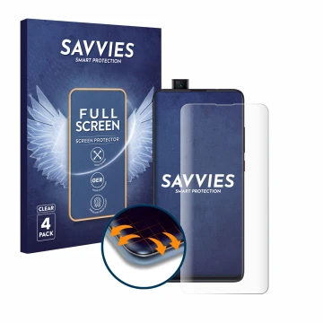 Parte frontal de un envase de producto con el logotipo de la marca Savvies. Al lado se muestra el dispositivo Xiaomi Mi 9T Pro