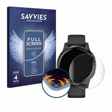Parte frontal de un envase de producto con el logotipo de la marca Savvies. Al lado se muestra el dispositivo Garmin vivoactiv