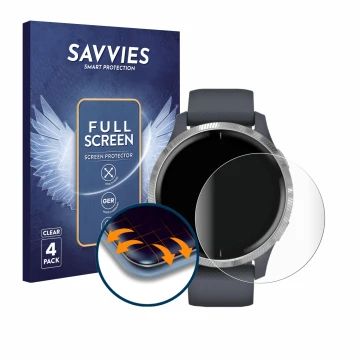Parte frontal de un envase de producto con el logotipo de la marca Savvies. Al lado se muestra el dispositivo Garmin Venu (43 