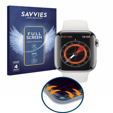 Parte frontal de un envase de producto con el logotipo de la marca Savvies. Al lado se muestra el dispositivo Apple Watch Seri