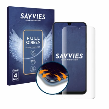 Parte frontal de un envase de producto con el logotipo de la marca Savvies. Al lado se muestra el dispositivo Samsung Galaxy A