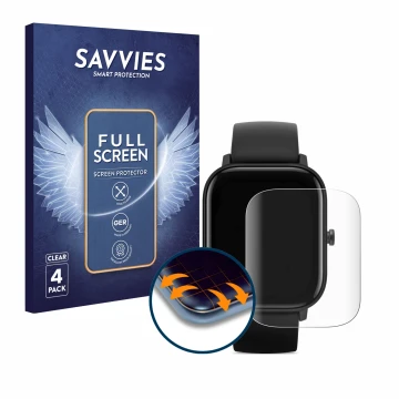 Parte frontal de un envase de producto con el logotipo de la marca Savvies. Al lado se muestra el dispositivo Huami Amazfit GT