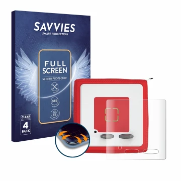 Parte frontal de un envase de producto con el logotipo de la marca Savvies. Al lado se muestra el dispositivo Tonies Toniebox 