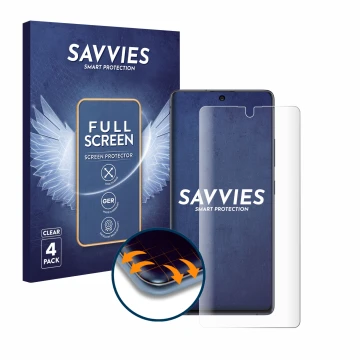 Parte frontal de un envase de producto con el logotipo de la marca Savvies. Al lado se muestra el dispositivo Samsung Galaxy S