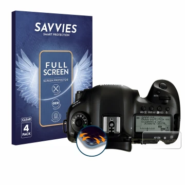Parte frontal de un envase de producto con el logotipo de la marca Savvies. Al lado se muestra el dispositivo Canon EOS 5D Mar