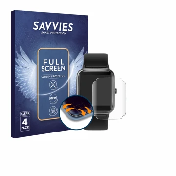 Parte frontal de un envase de producto con el logotipo de la marca Savvies. Al lado se muestra el dispositivo Fitpolo ID205L 1