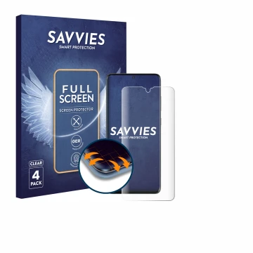 Parte frontal de un envase de producto con el logotipo de la marca Savvies. Al lado se muestra el dispositivo Samsung Galaxy S