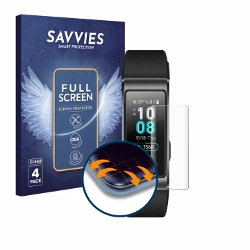 Parte frontal de un envase de producto con el logotipo de la marca Savvies. Al lado se muestra el dispositivo Huawei Band 4 Pr